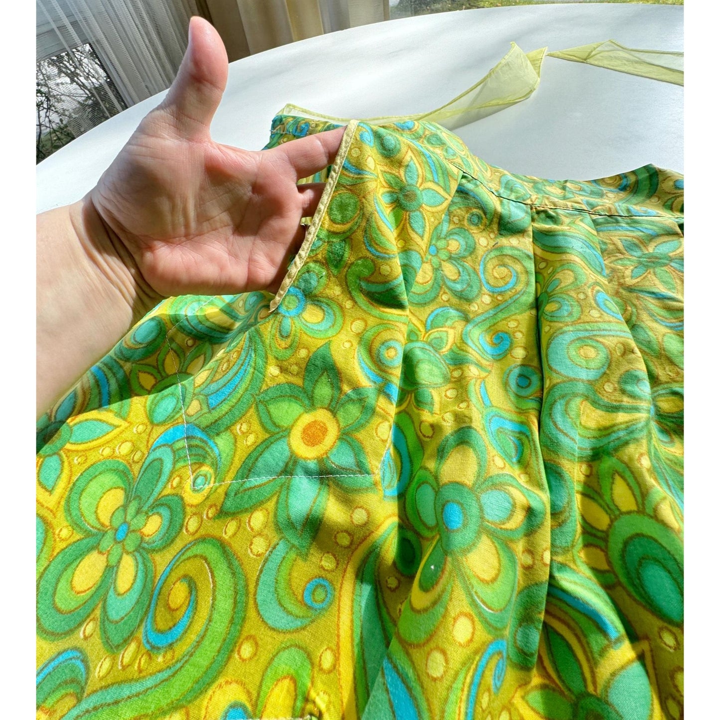 Vintage 60s half apron, reversible organza & cotton, yellow, lime green, teal paisley, with pockets