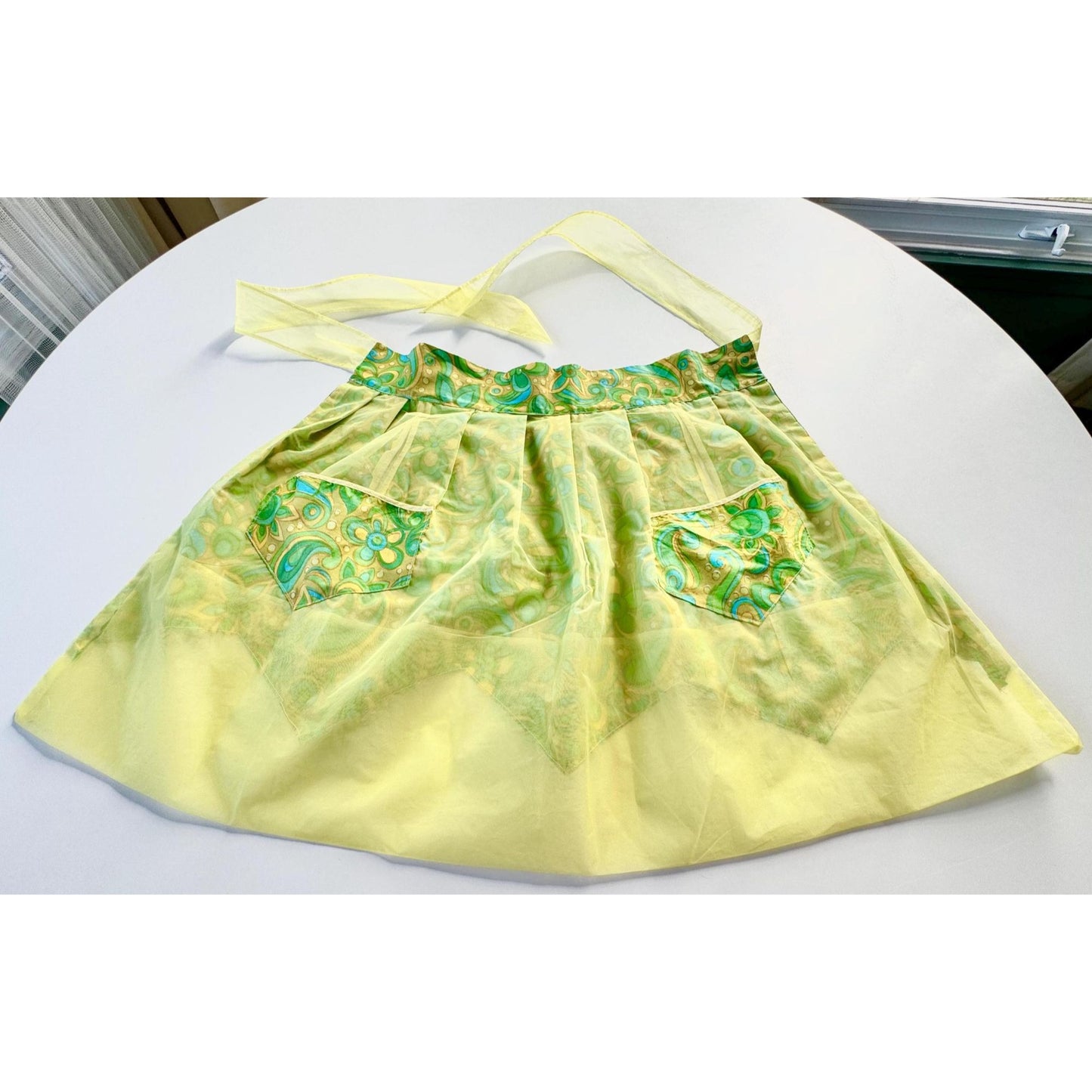 Vintage 60s half apron, reversible organza & cotton, yellow, lime green, teal paisley, with pockets