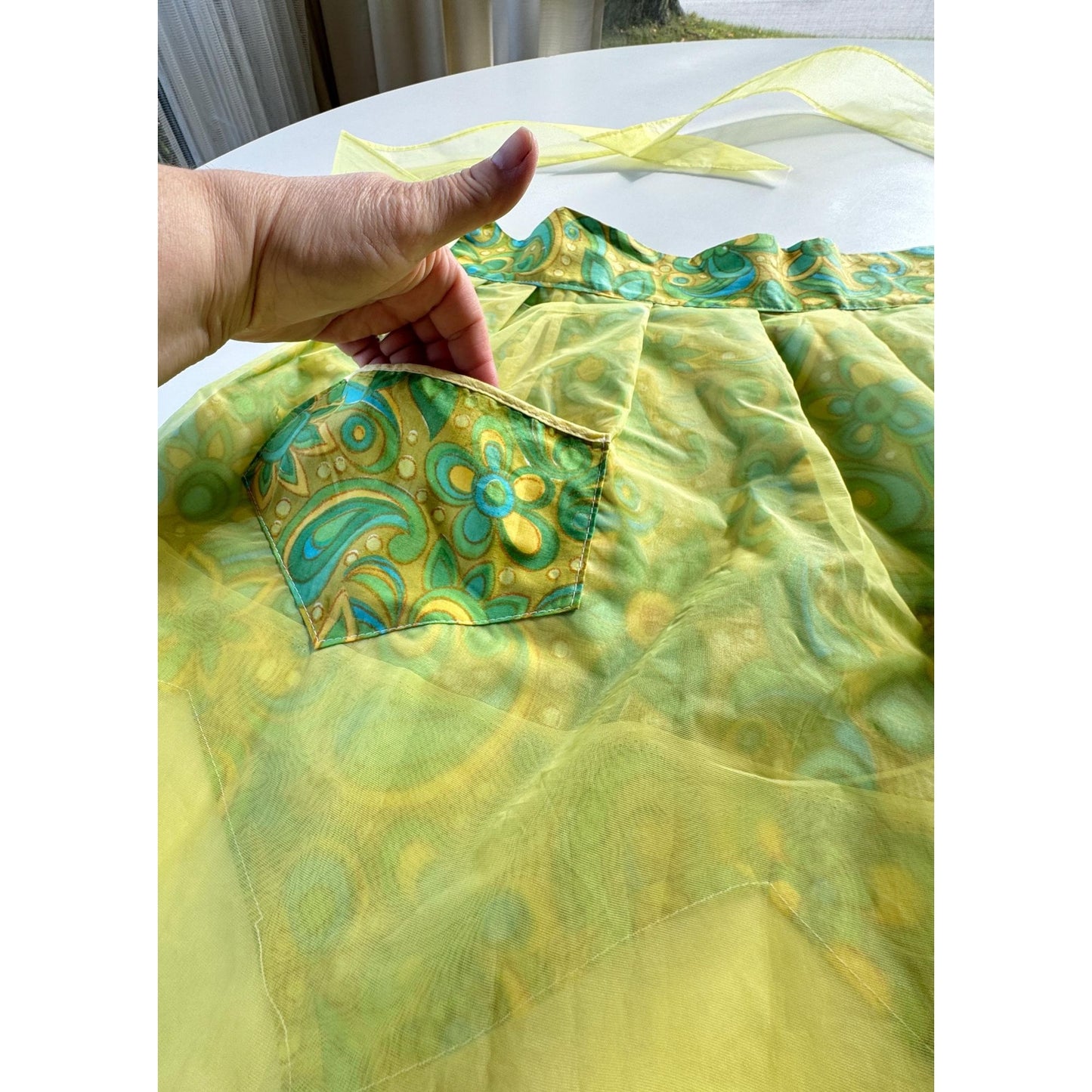 Vintage 60s half apron, reversible organza & cotton, yellow, lime green, teal paisley, with pockets