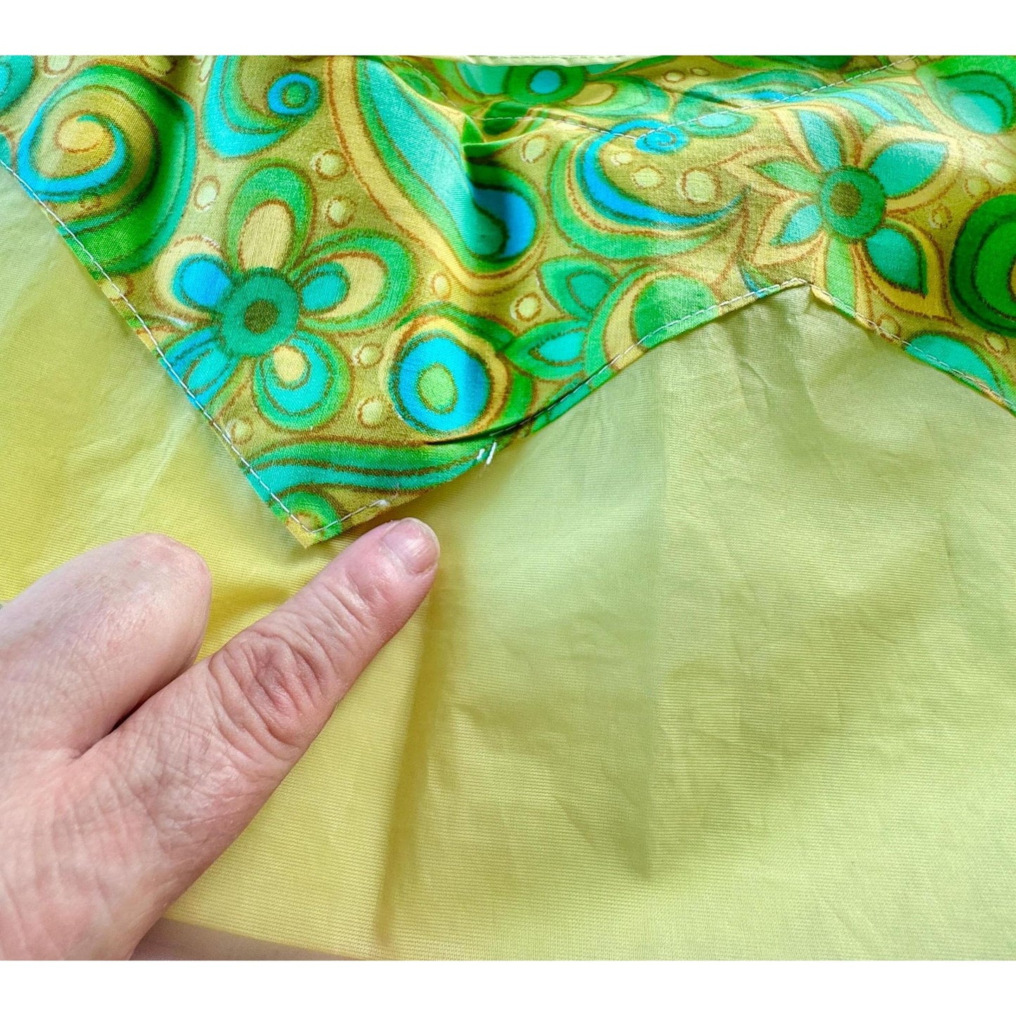 Vintage 60s half apron, reversible organza & cotton, yellow, lime green, teal paisley, with pockets