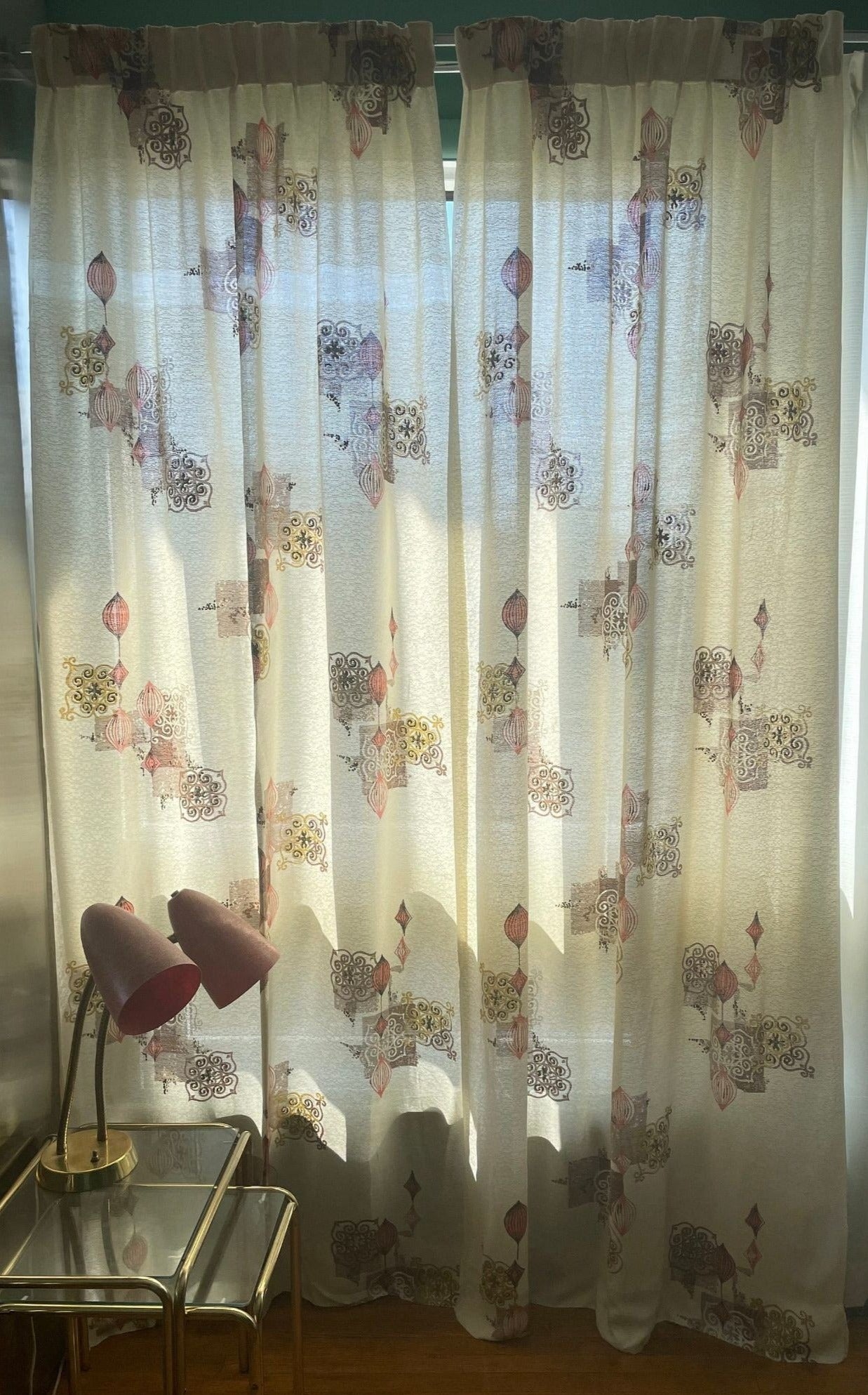 Vintage 50s barkcloth curtains, pink gold cream