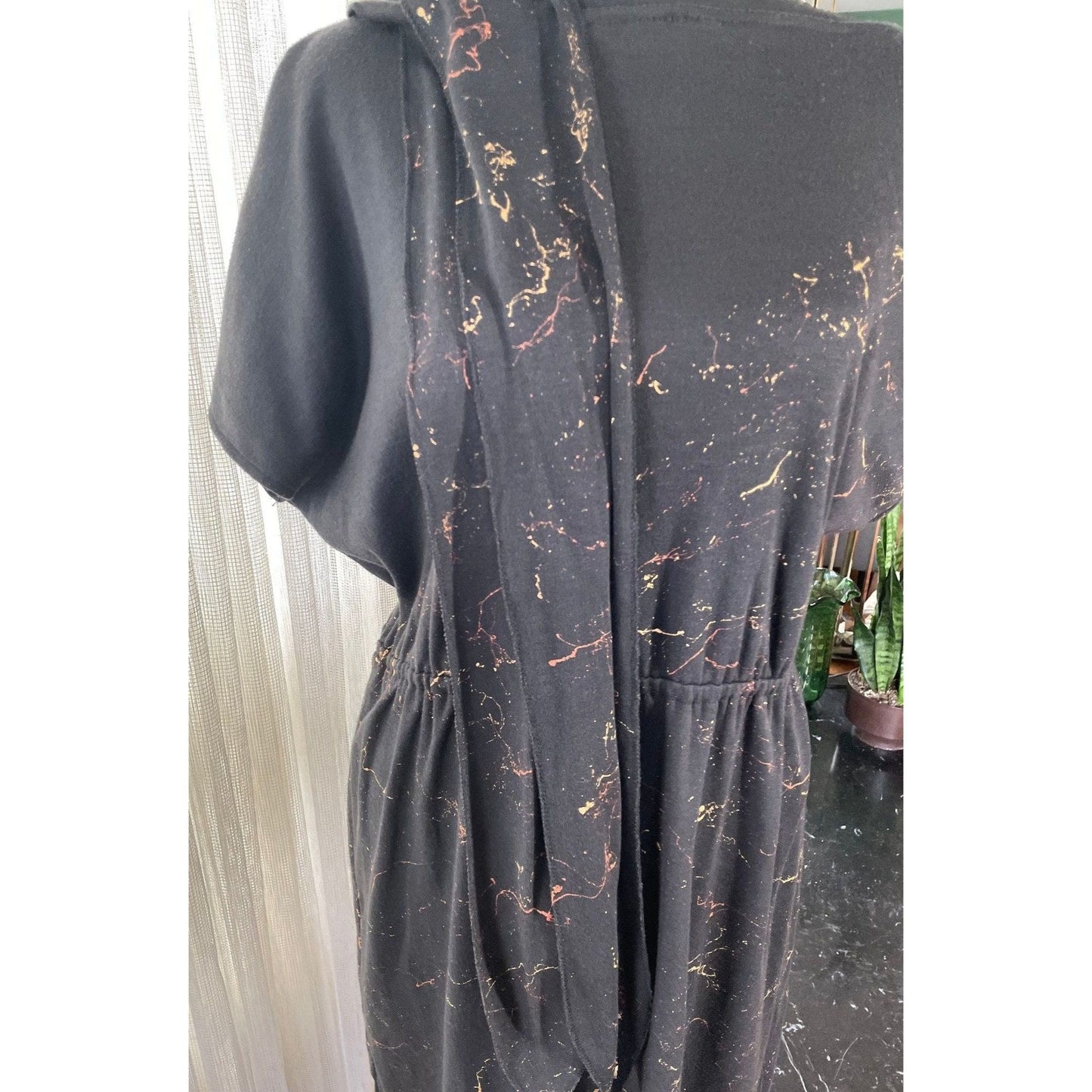 Vintage 80s dress, black with splatter print dress, batwing