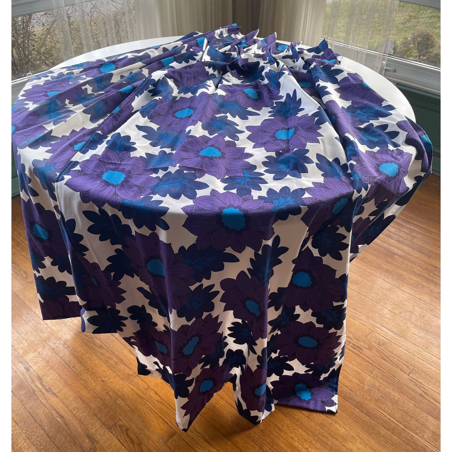 Vintage 70s pleated curtains, purple and blue flowers