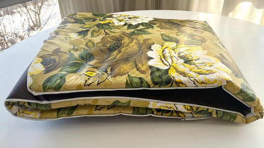 Vintage 70s vinyl lounge chair vinyl cushion, brown, green yellow flowers