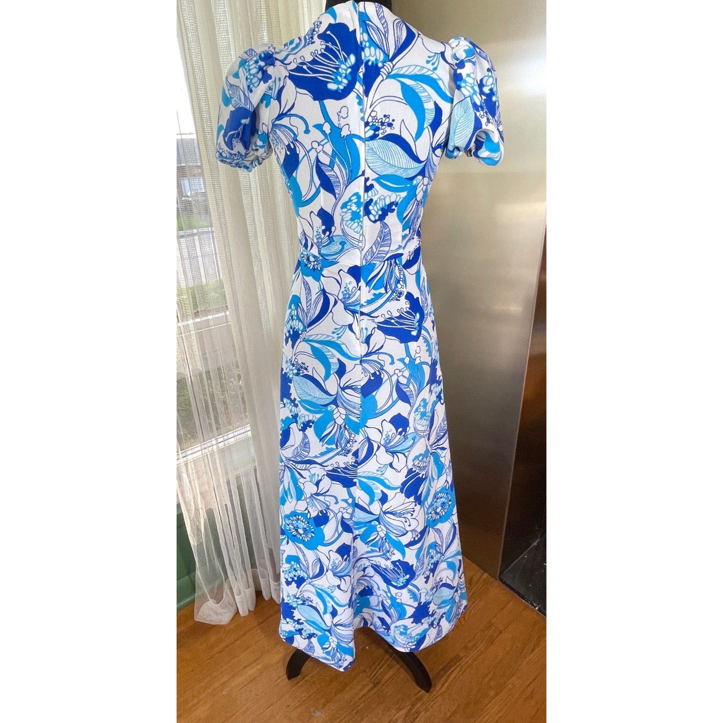 Vintage 1960s maxi dress, large tropical blue flowers