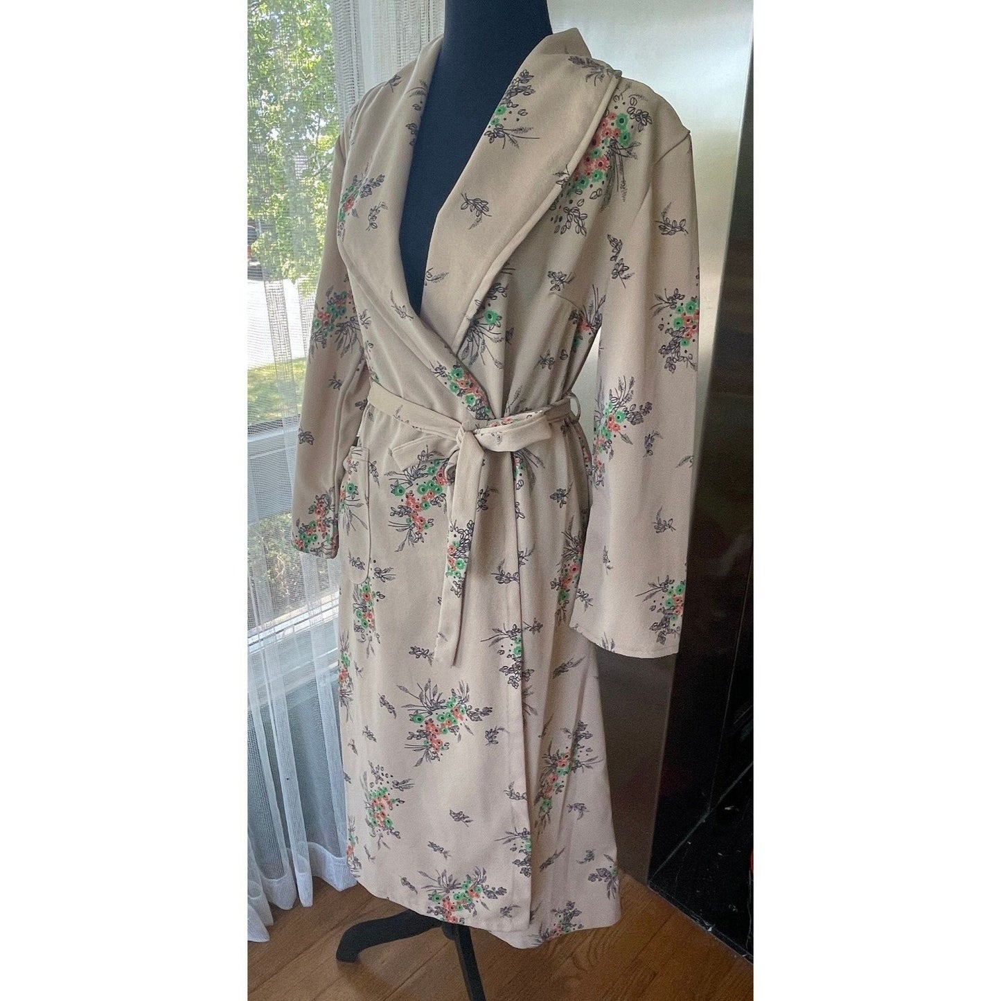 Vintage 70s house dress, light taupe with orange and green floral