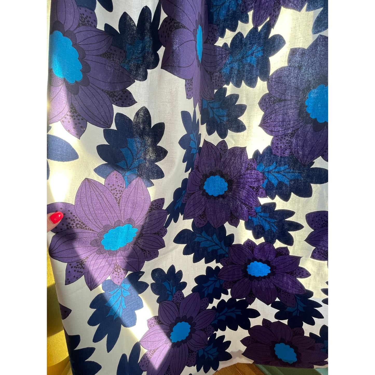 Vintage 70s pleated curtains, purple and blue flowers