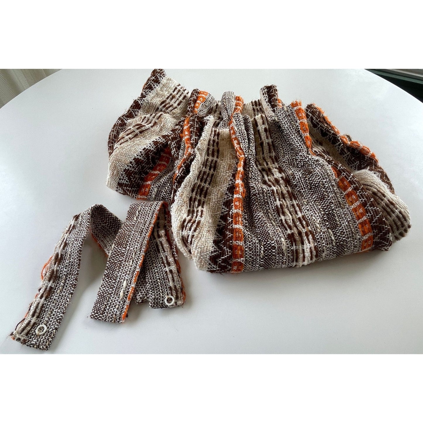 Vintage 70s pleated curtains, pair of beige, brown, orange stripes panels