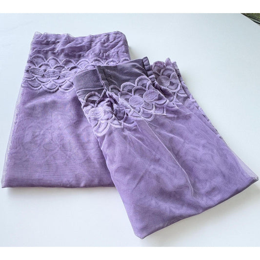 Vintage 70s curtain, purple/lavender, pleated or rod heading, fuzzy floral mesh panel