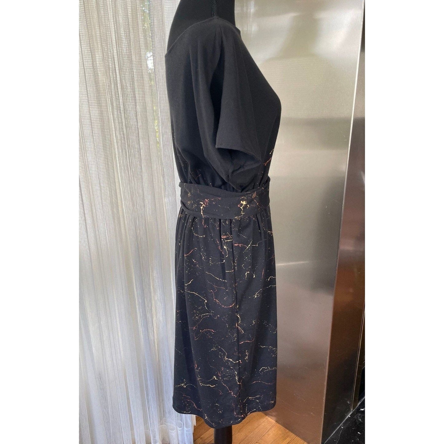 Vintage 80s dress, black with splatter print dress, batwing