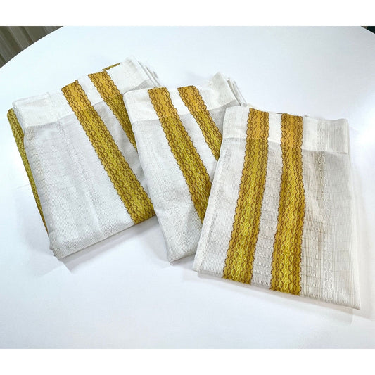 Vintage 70s curtains, white and yellow stripes, mesh panels