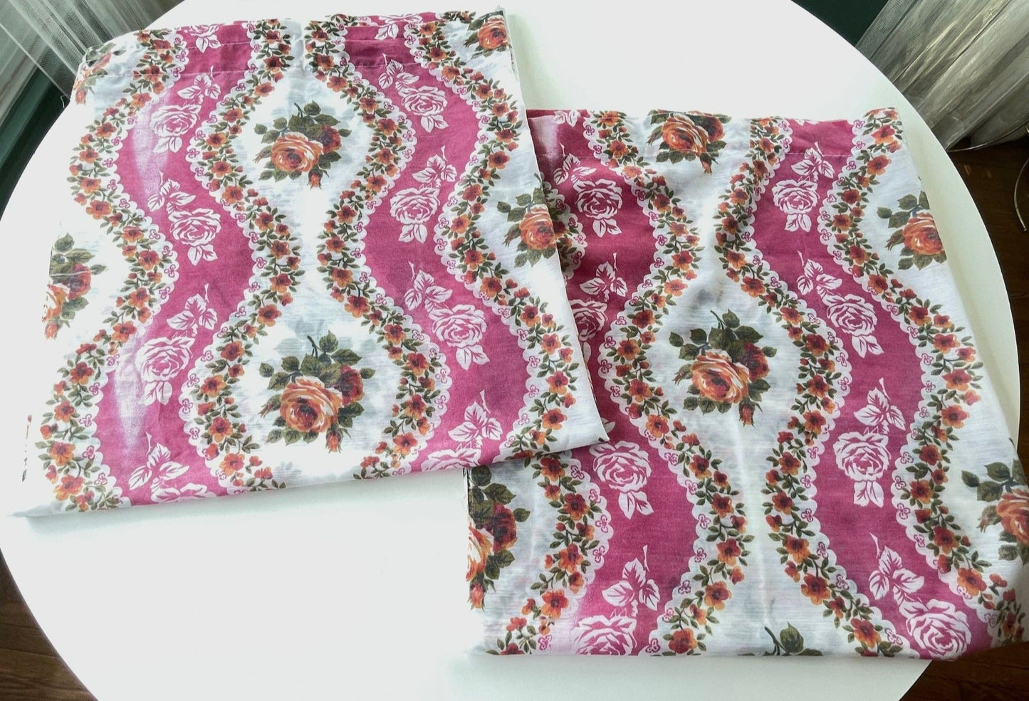 Vintage 70s curtains, pink floral sheer pair of panels