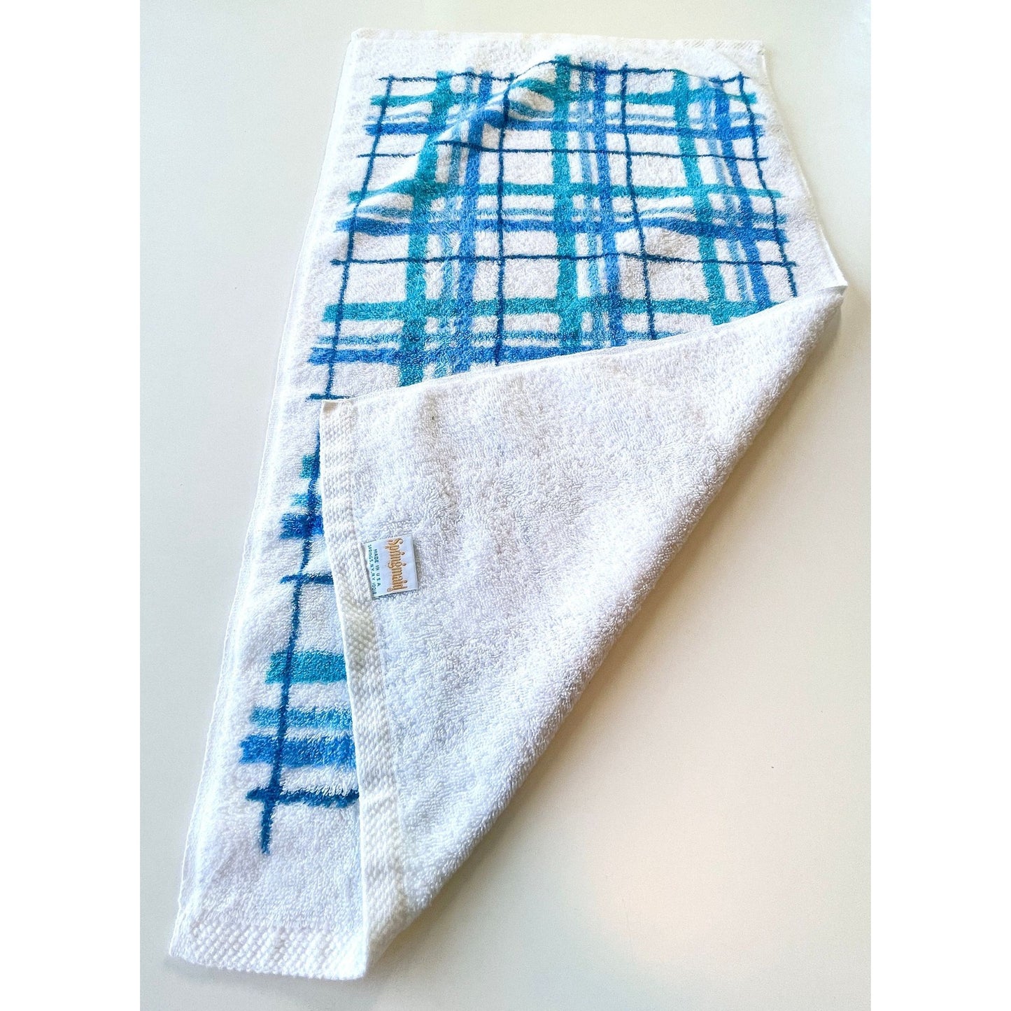 Vintage 80s hand towel, blue plaid pattern, Springmaid