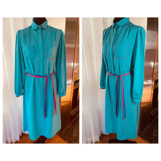 Vintage 80s dress, teal, hot pink and purple, long sleeves