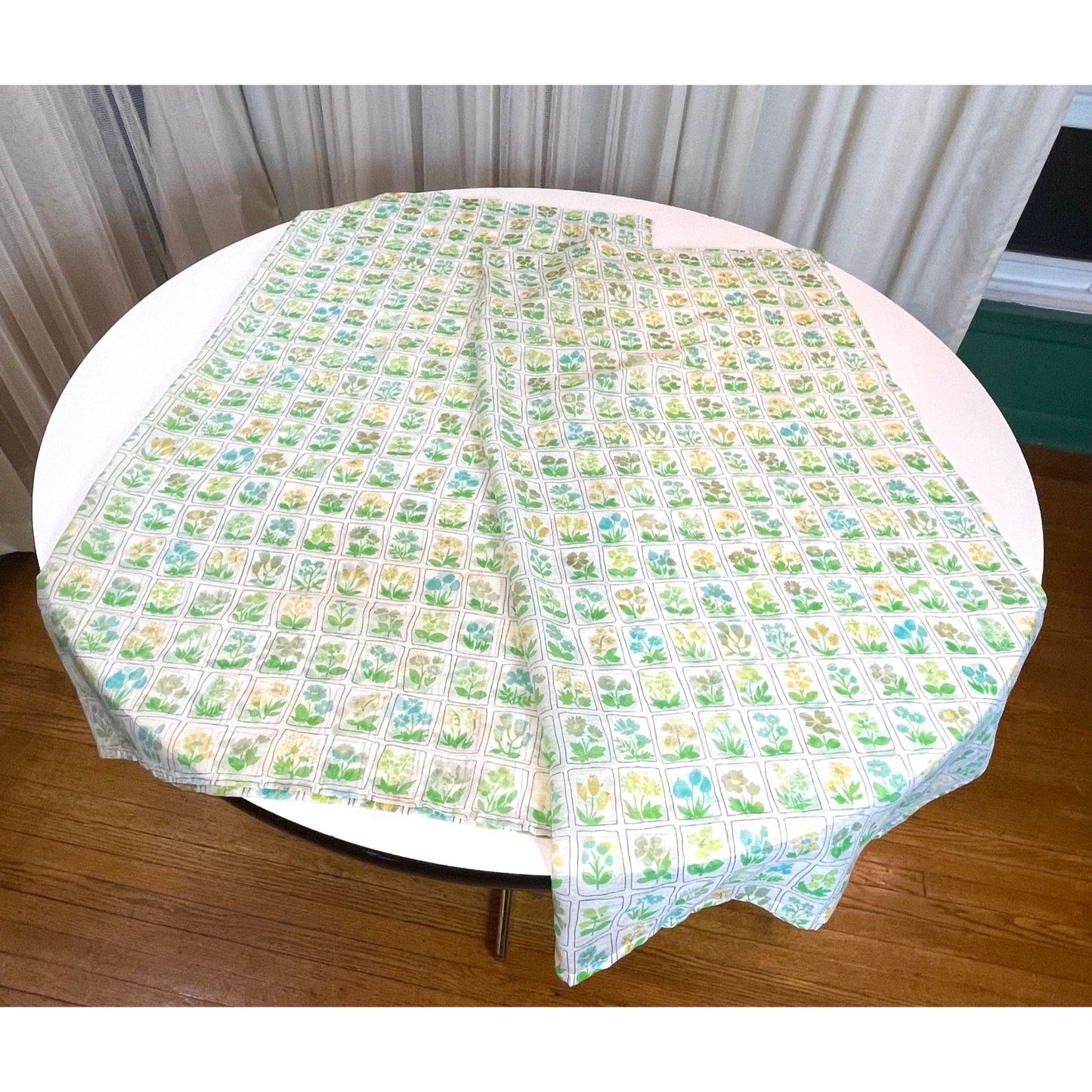 Vintage 80s curtains, sheer green yellow floral, pair with tiebacks