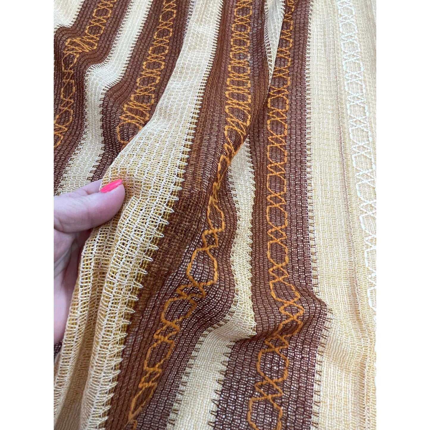 Vintage 70s net woven pleated curtains, brown stripes