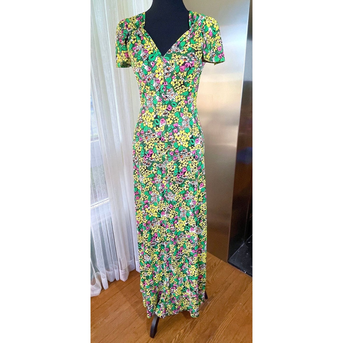 Vintage 1960s maxi dress, green, yellow and pink floral