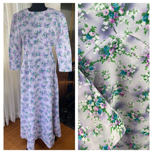 Vintage prairie dress, floral lilac / purple, long sleeves gown