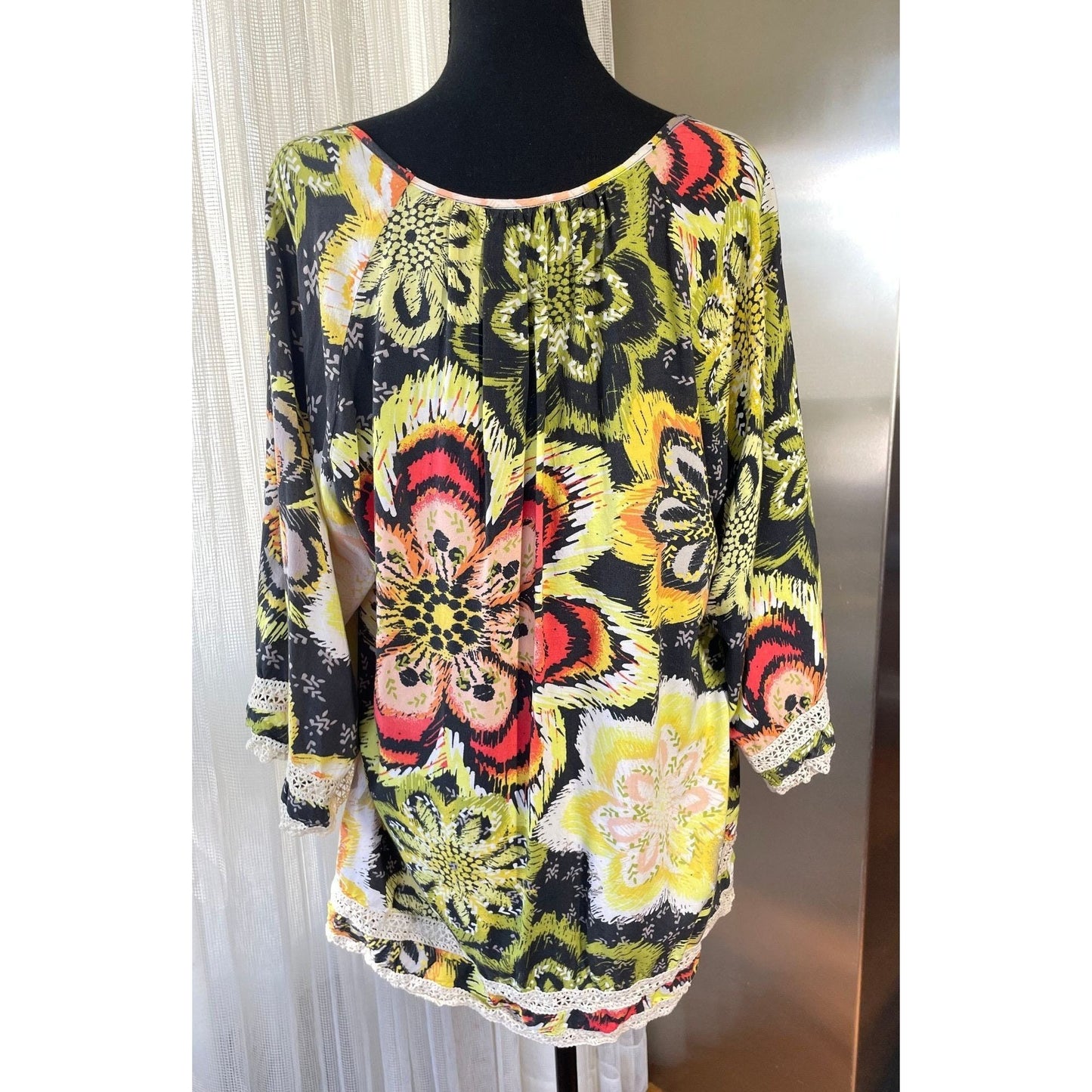 Vintage 80s oversized blouse, black, yellow orange flowers, bell sleeves