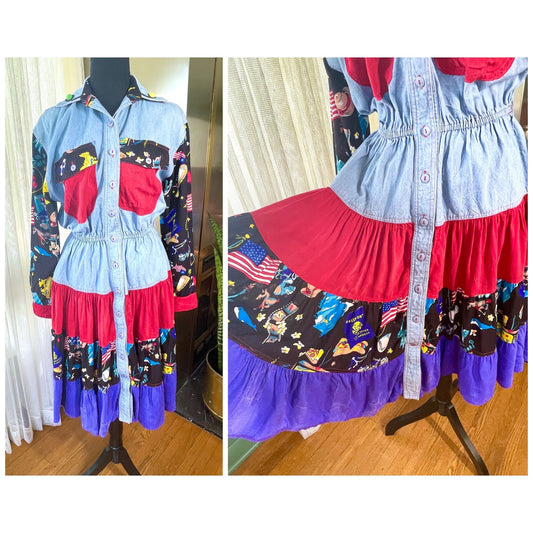 Vintage 80s dress, denim shirtdress, full skirt American patriotic pattern, D. Frank