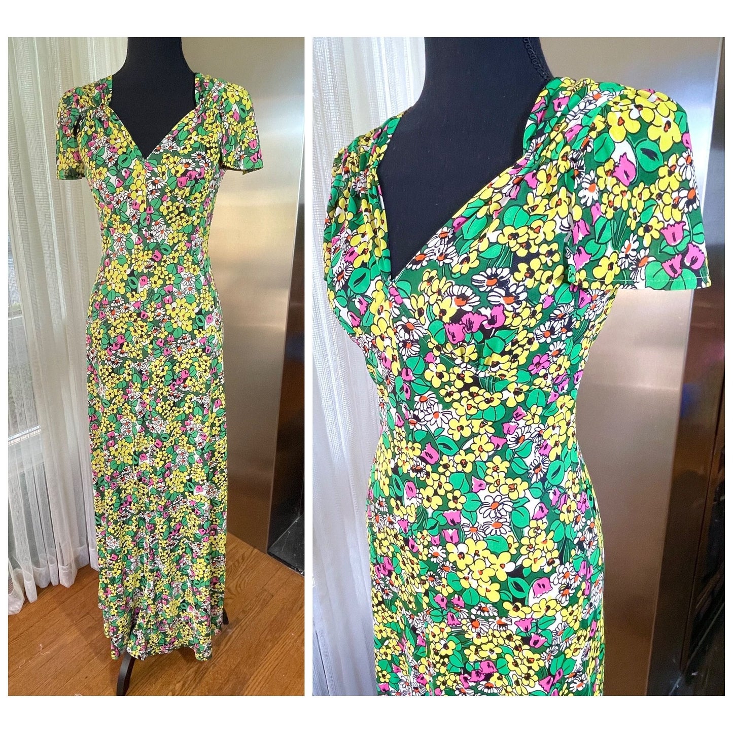 Vintage 1960s maxi dress, green, yellow and pink floral