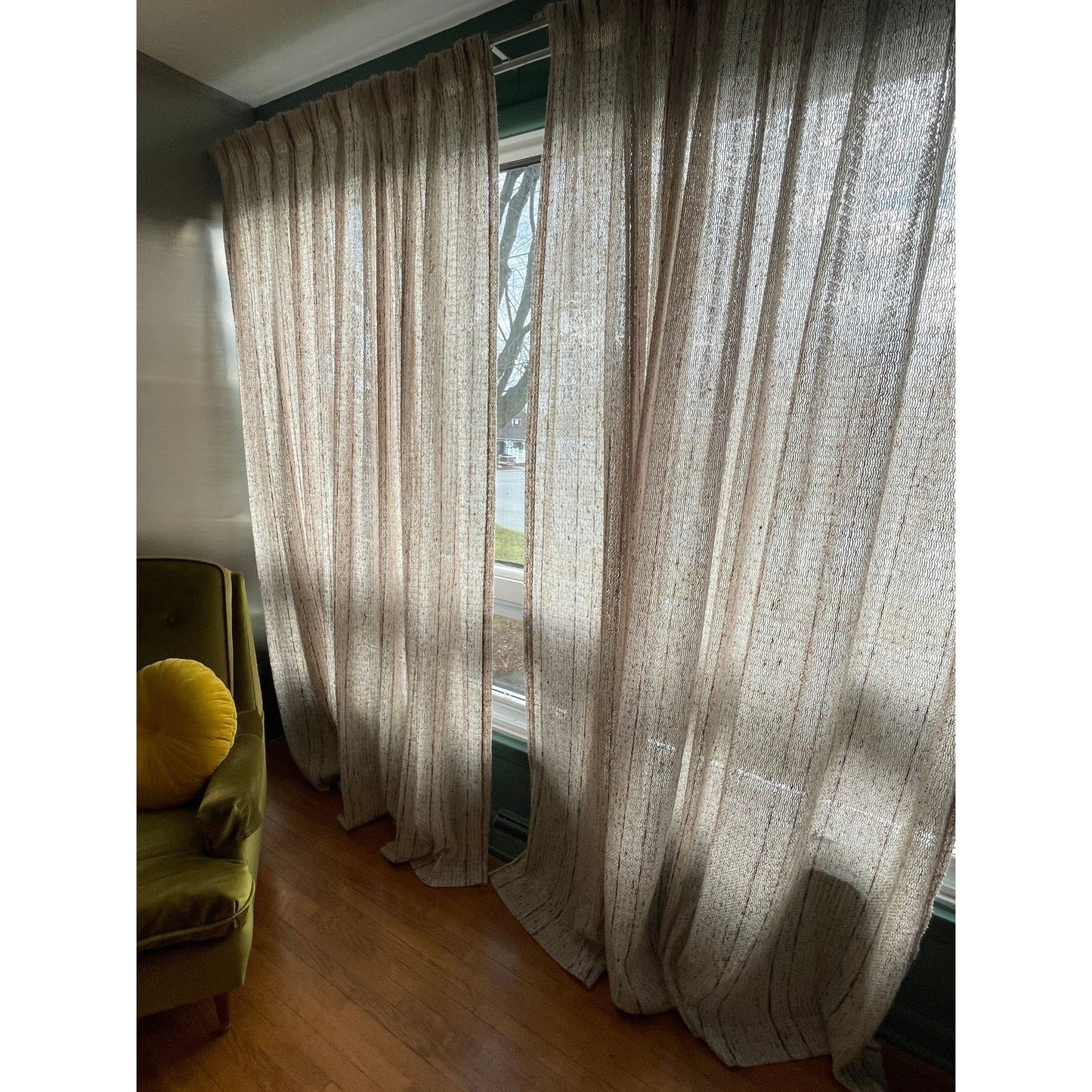 Vintage 70s pleated curtain, ecru, tan, oversized panel