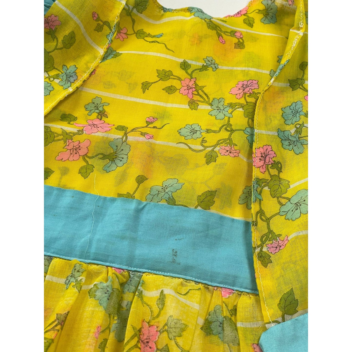 Vintage full apron, pink blue flowers, bright yellow