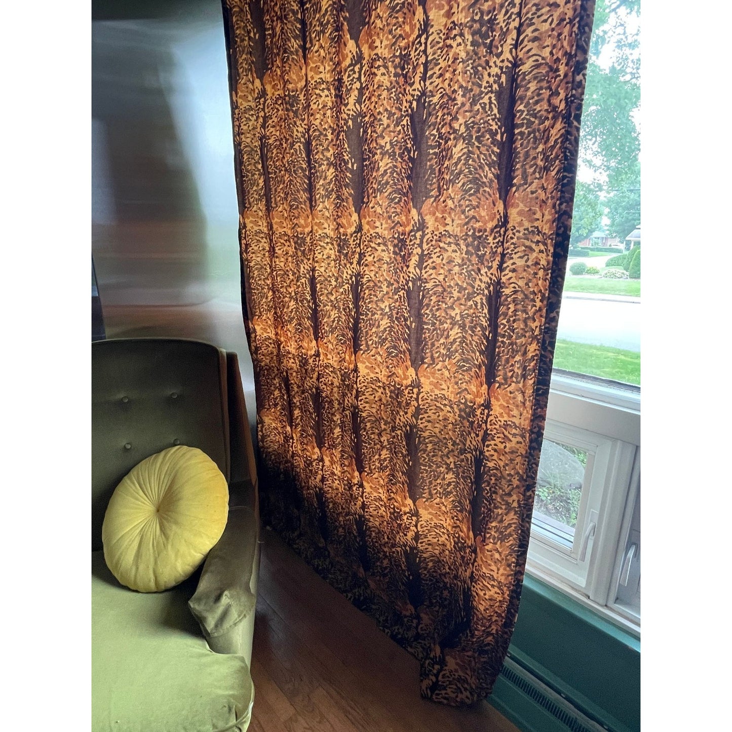 Vintage 80s curtain, faux suede, brown animal print