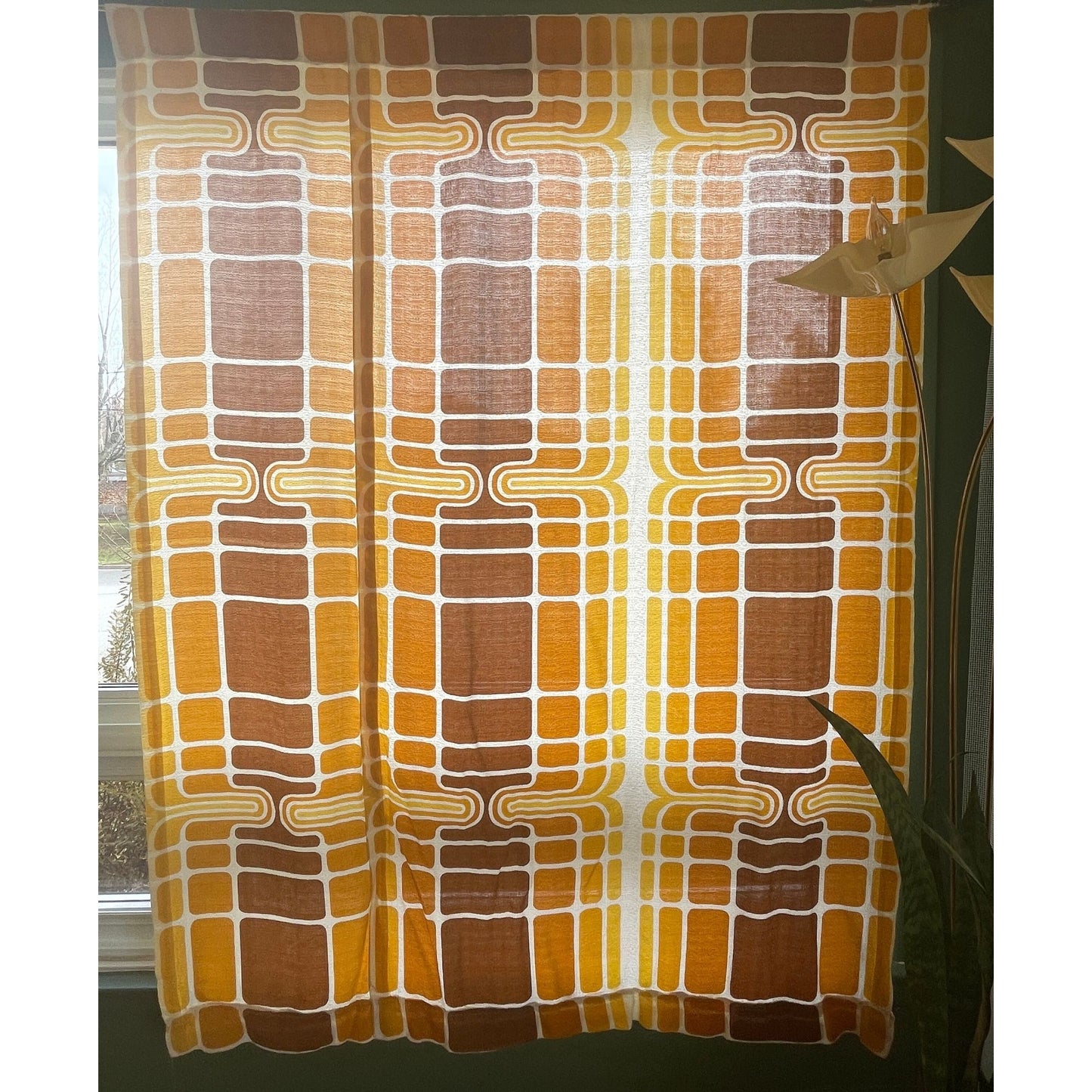 Vintage 60s orange brown geometric curtain, fiberglass panel