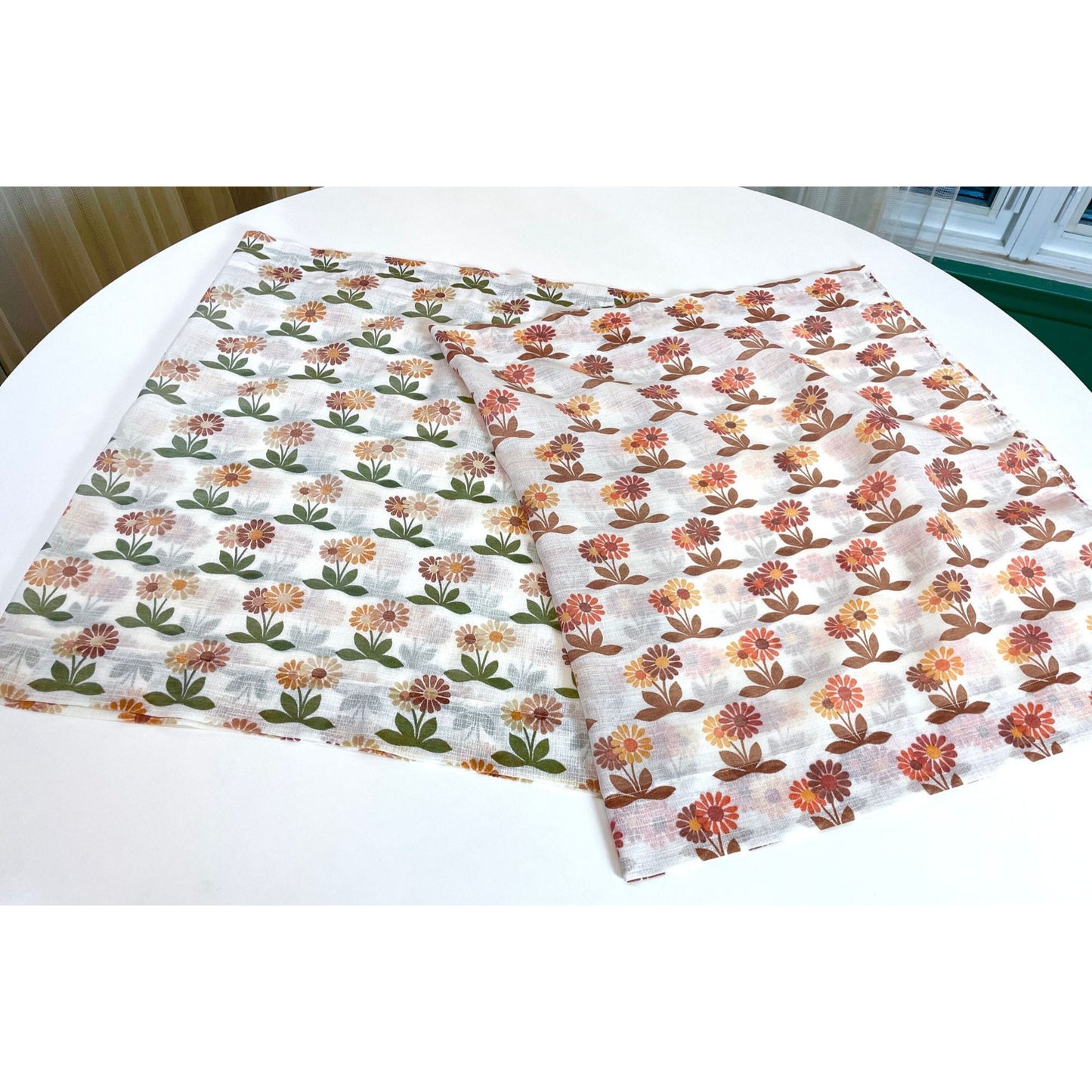 Vintage 70s curtain, brown orange floral, sheer panel