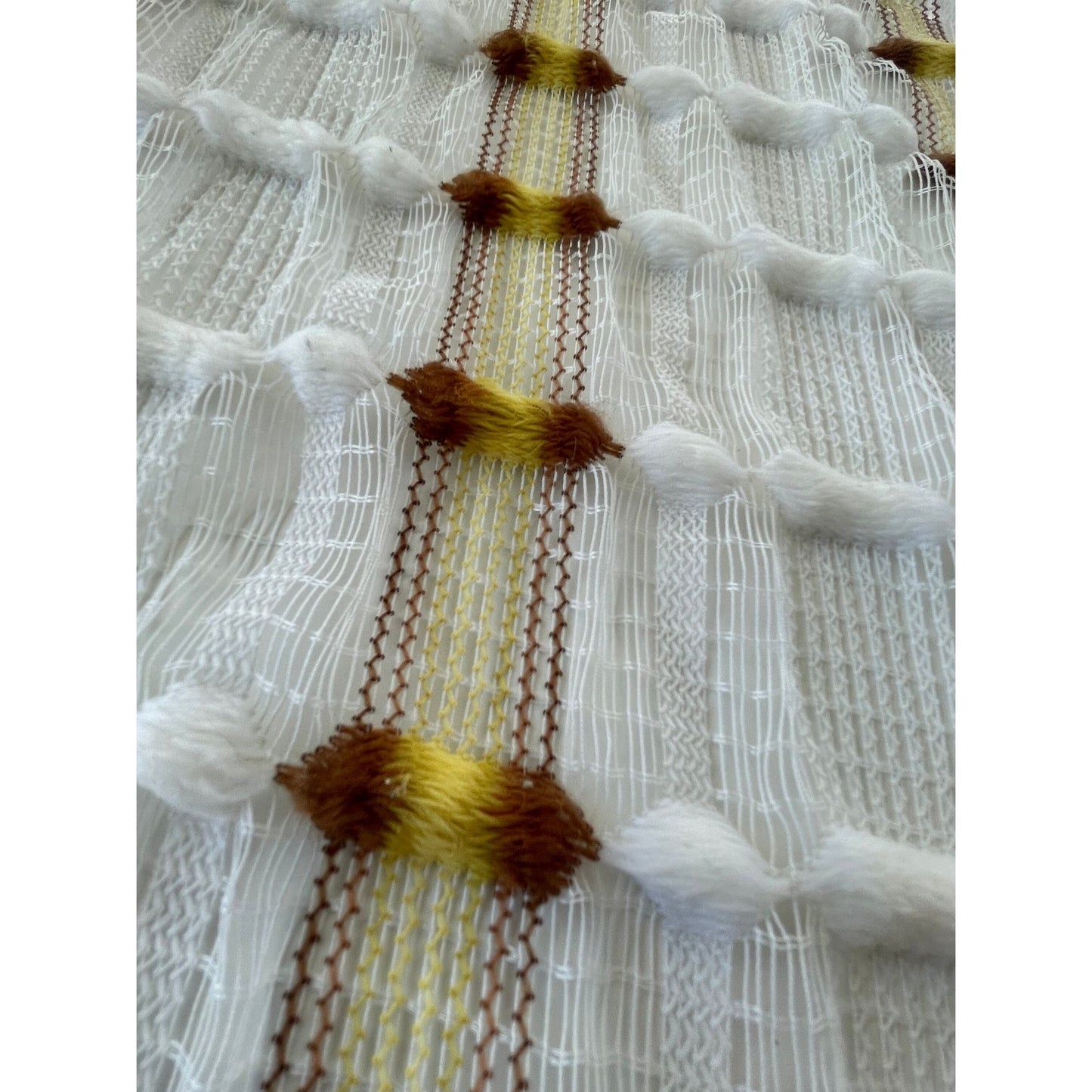 Vintage 70s curtain, orange brown geometric pattern, fluffy mesh panel