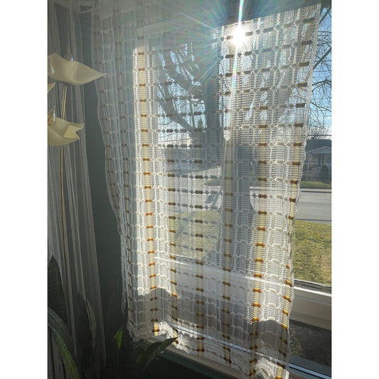 Vintage 70s curtain, orange brown geometric pattern, fluffy mesh panel