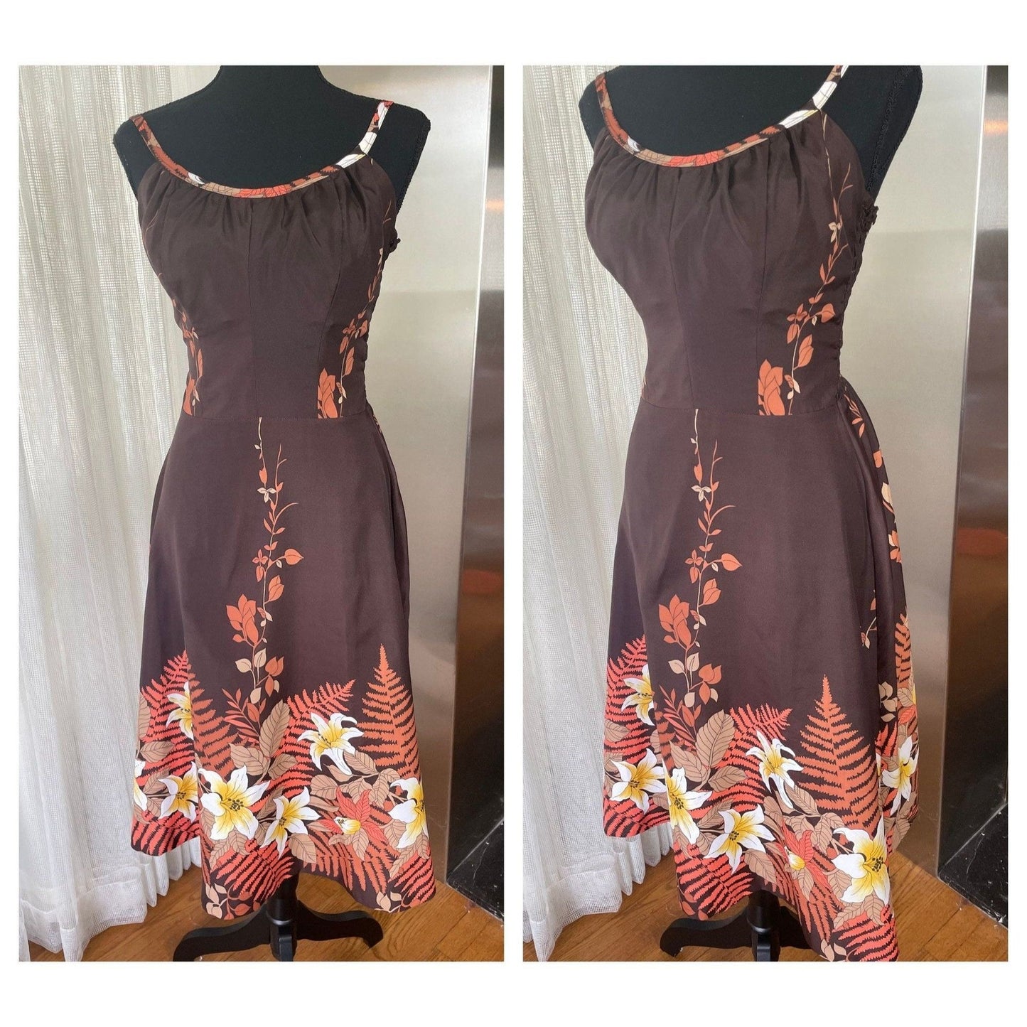 Vintage 80s dress, chocolate brown, sleeveless, bra inserts, Sand Pebble of Hawaii