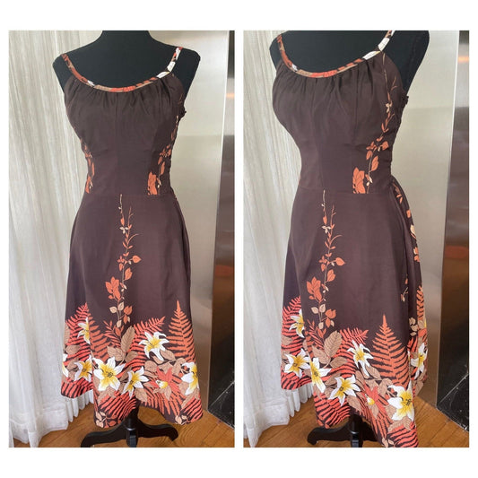 Vintage 80s dress, chocolate brown, sleeveless, bra inserts, Sand Pebble of Hawaii