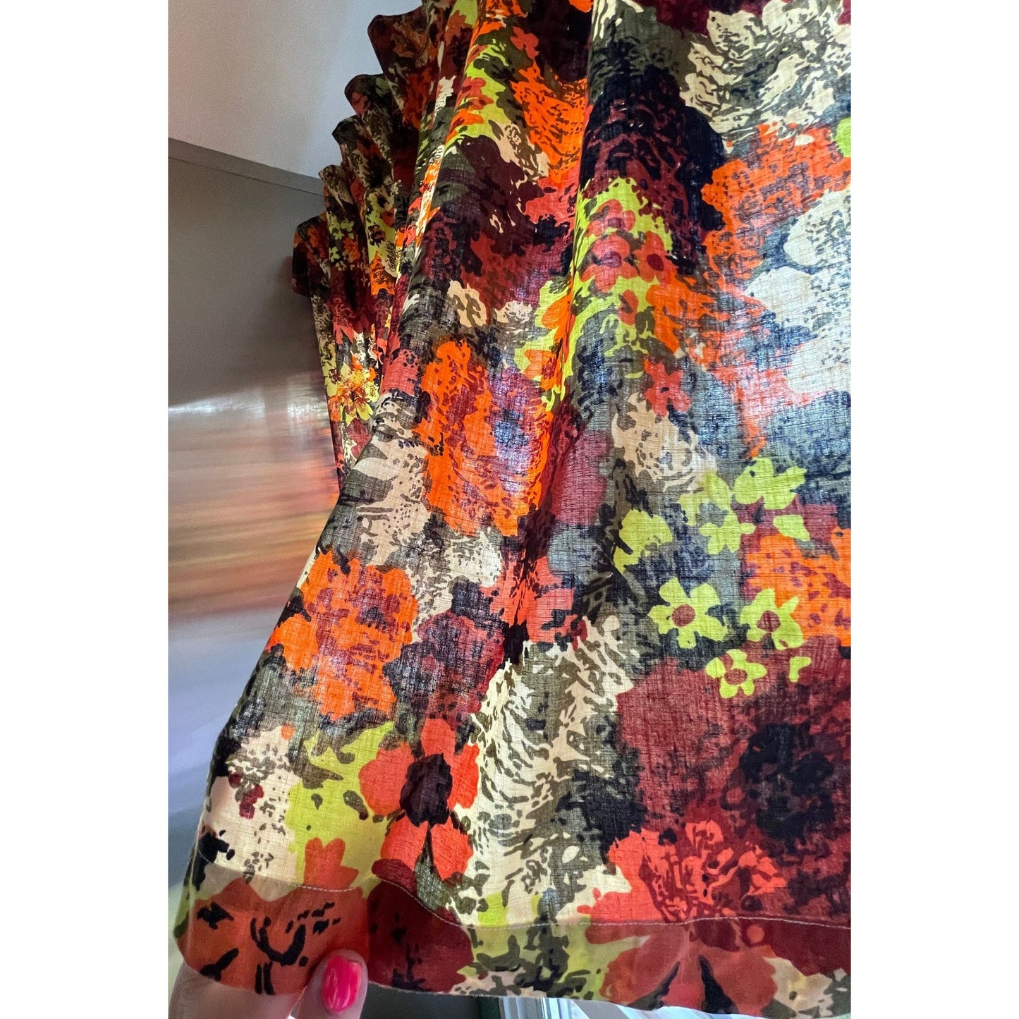 Vintage 60s pleated panels, bold orange green floral