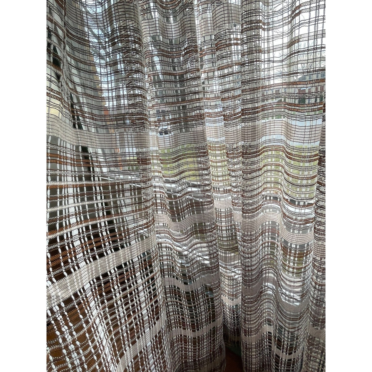 Vintage 70s pleated curtain, brown mesh panel