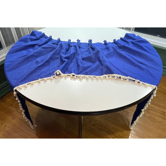 Vintage 70s pleated  curtain, indigo with white pompoms swag valance