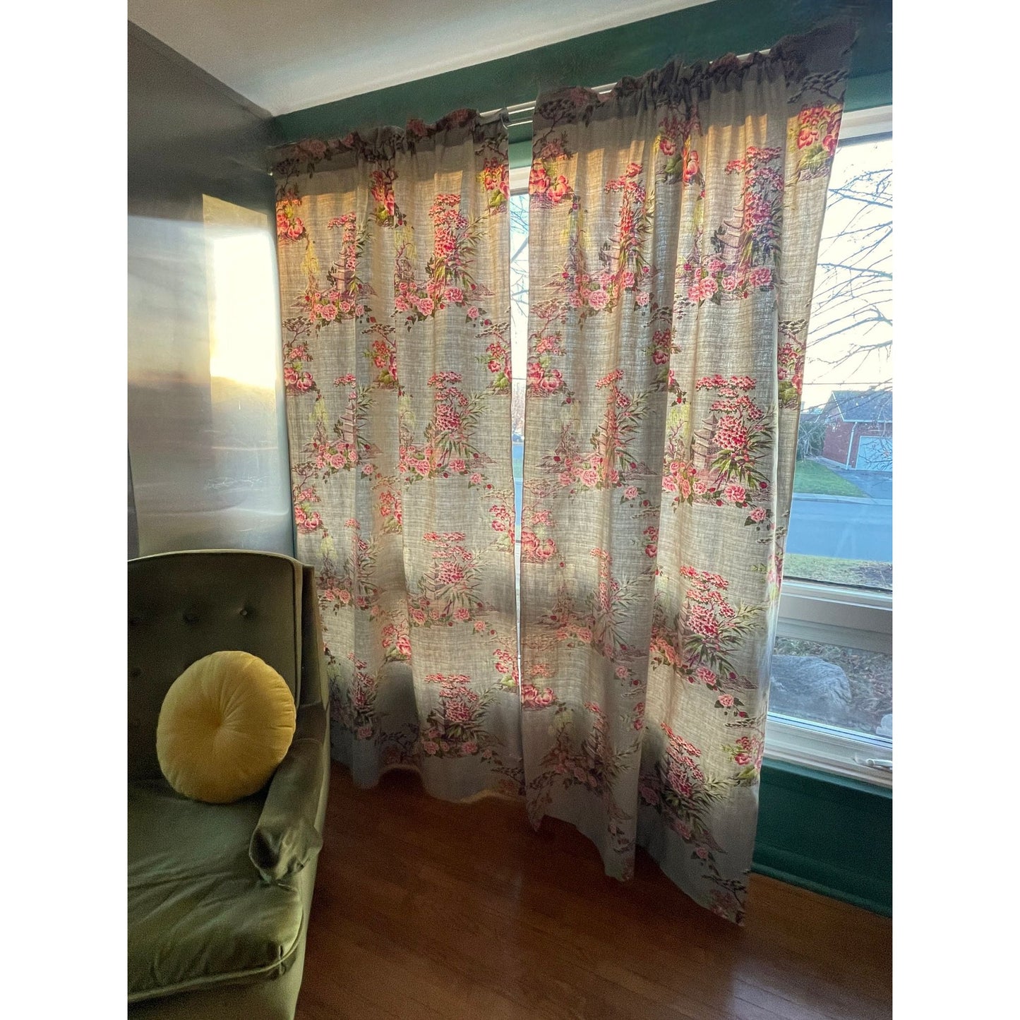 Vintage MCM barkcloth curtain, Asian inspired pink blossom trees