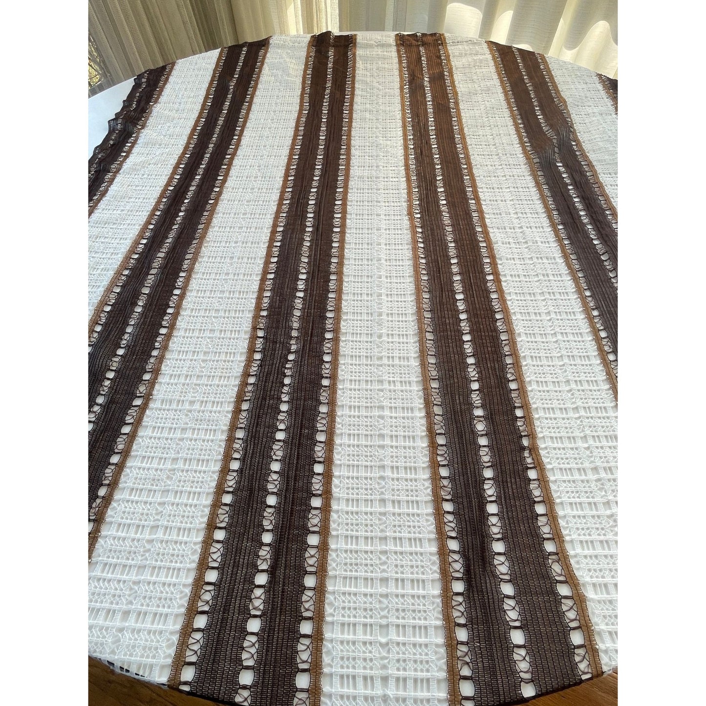 Vintage 70s curtain, brown white stripes, mesh panel