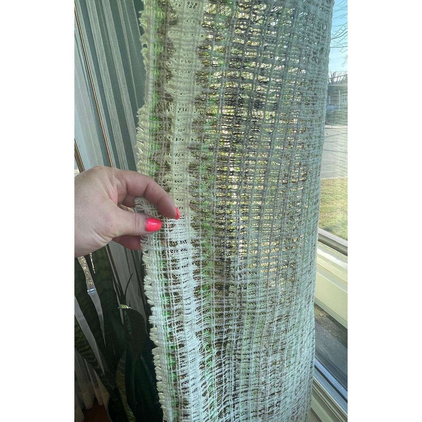 Vintage 70s curtain, green geometric pattern