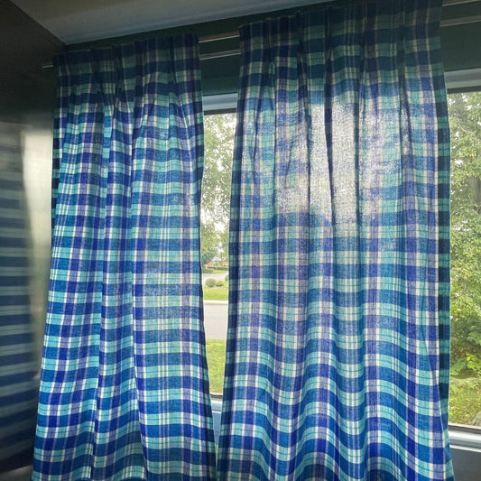 Vintage 80s pleated curtains, blue plaid, Sears