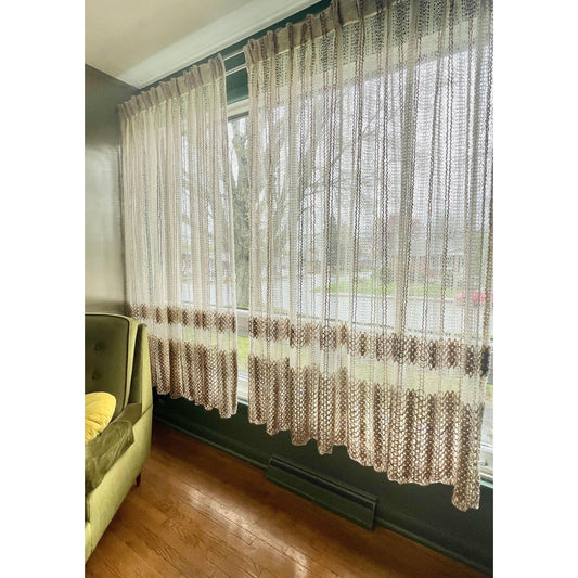 Vintage 70s pleated curtain, beige brown large mesh with tieback
