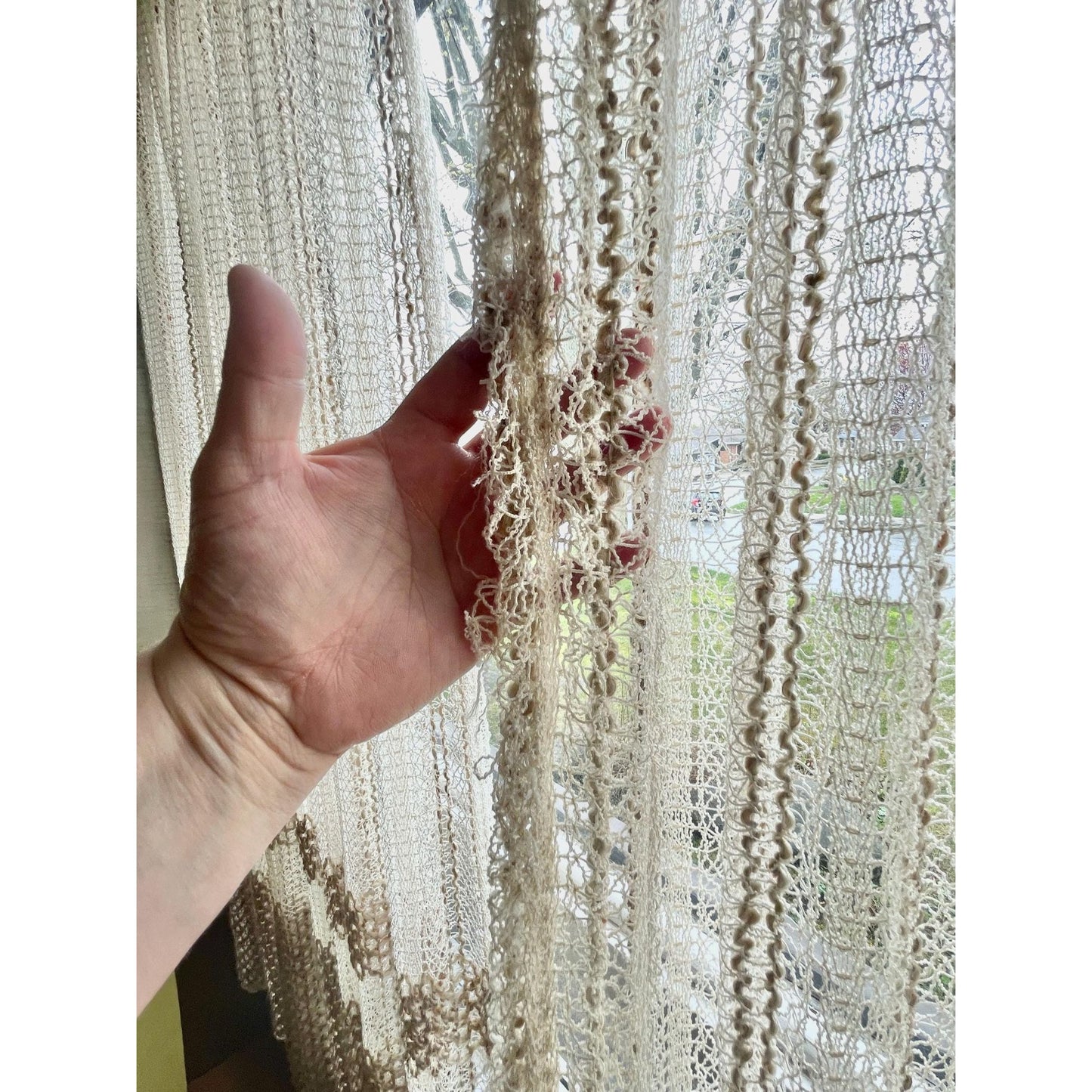 Vintage 70s pleated curtain, beige brown large mesh with tieback