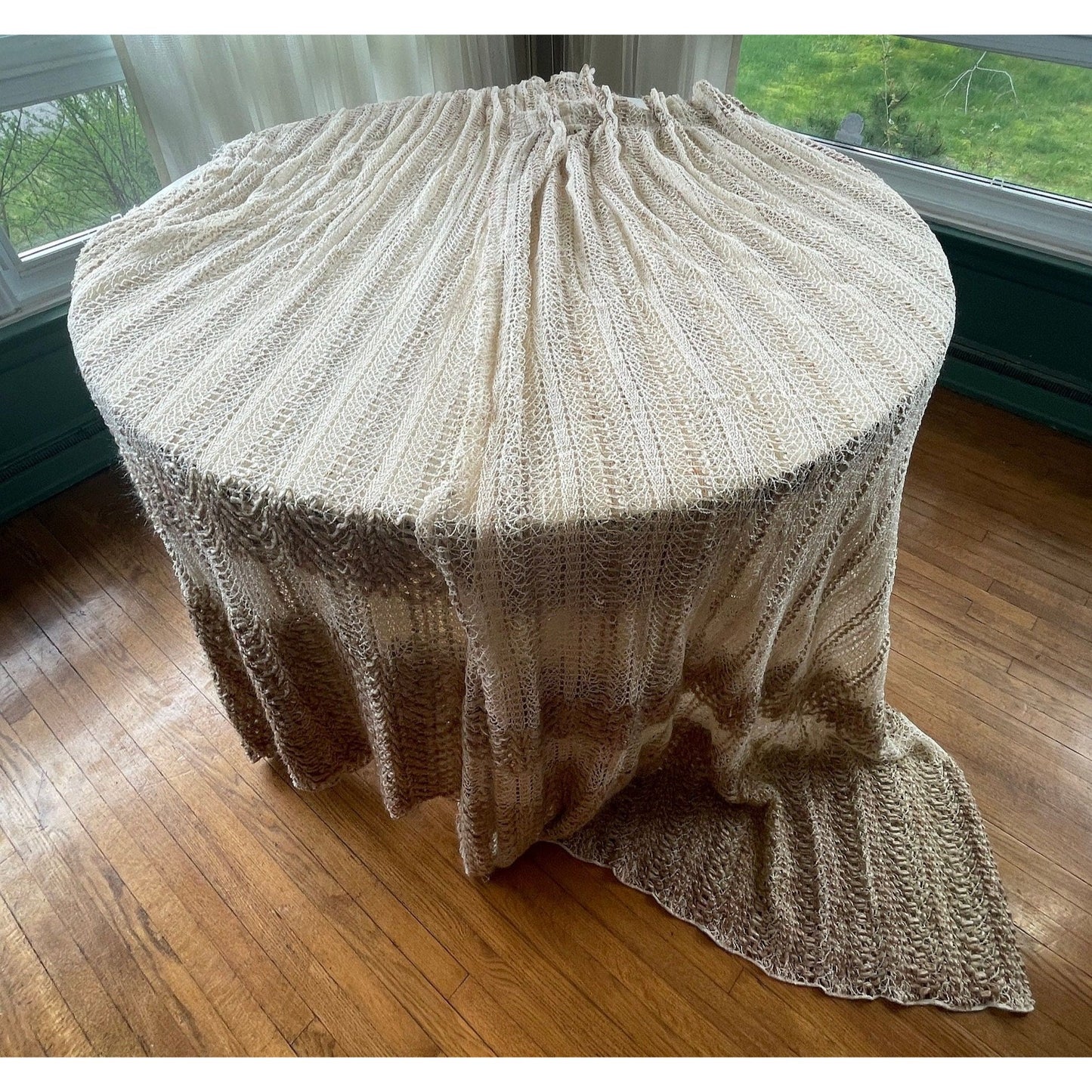 Vintage 70s pleated curtain, beige brown large mesh with tieback