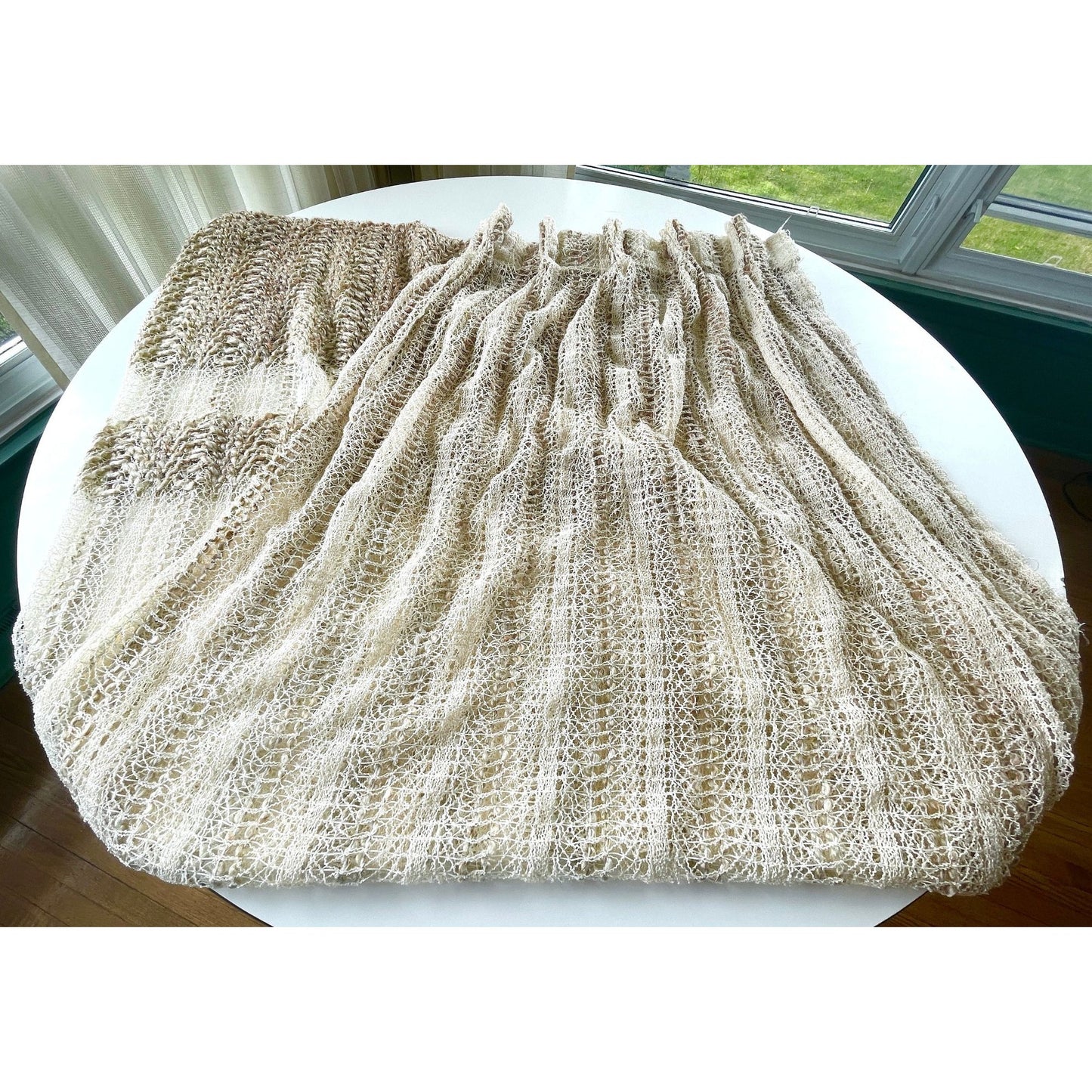 Vintage 70s pleated curtain, beige brown large mesh with tieback