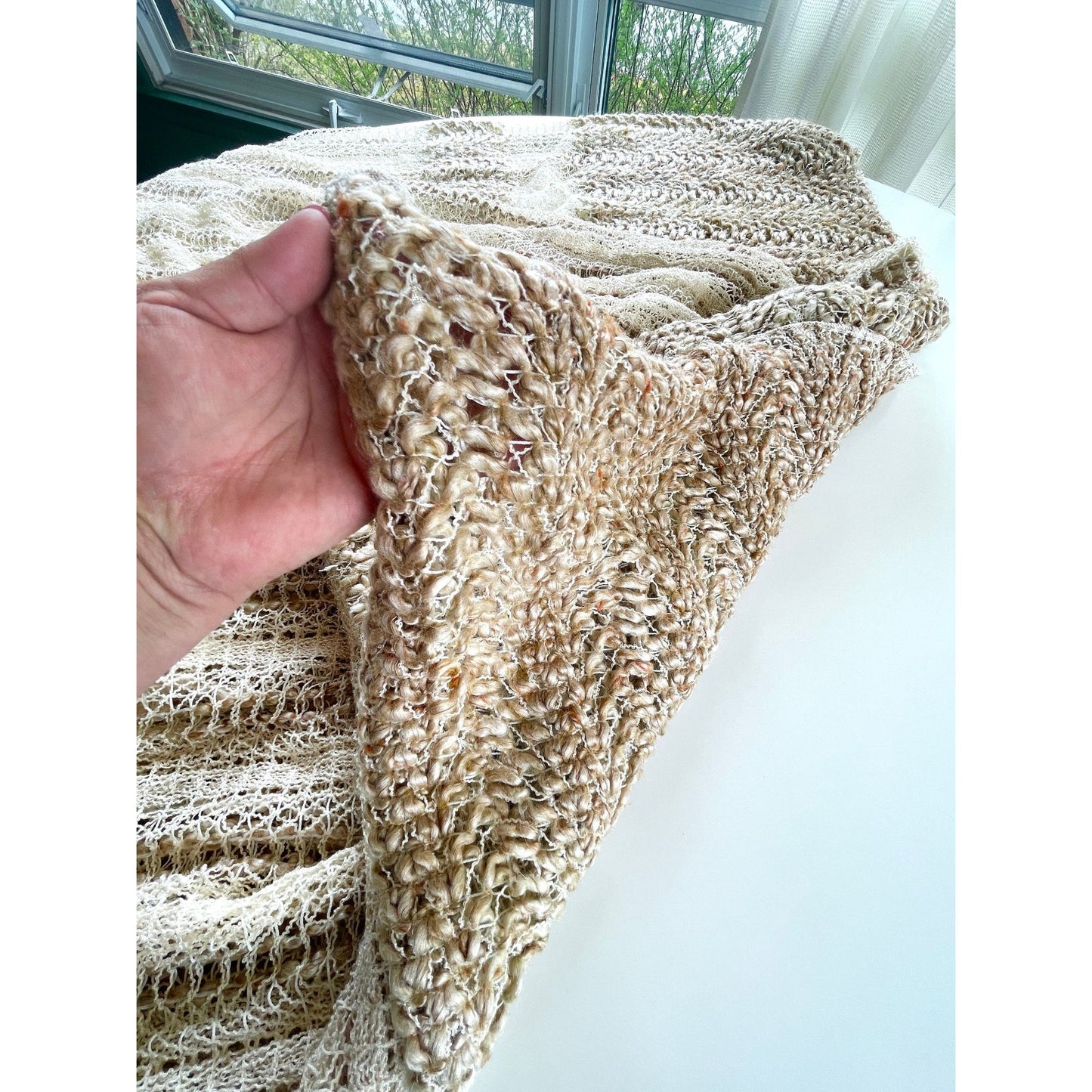 Vintage 70s pleated curtain, beige brown large mesh with tieback