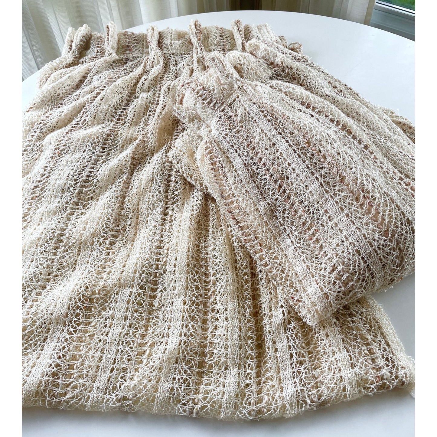 Vintage 70s pleated curtain, beige brown large mesh with tieback