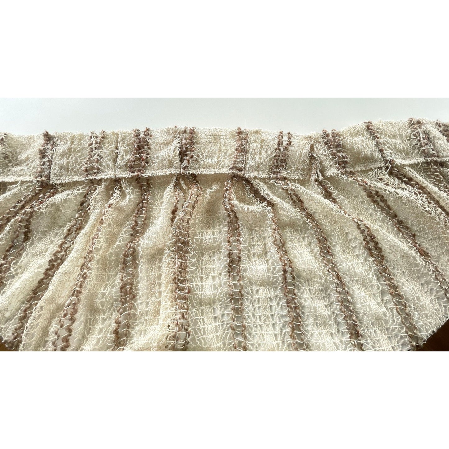 Vintage 70s pleated curtain, beige brown large mesh with tieback