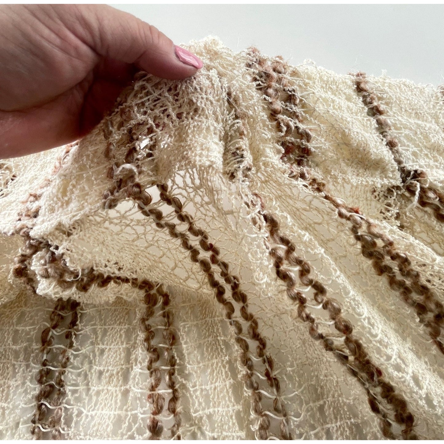 Vintage 70s pleated curtain, beige brown large mesh with tieback