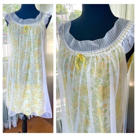 Vintage 1960s babydoll dress, sleeveless, green floral